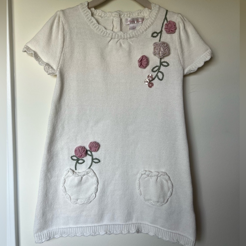 Cream Knit Dress with Crochet Floral Accents & Scallop Hem - Toddler Girls 4T